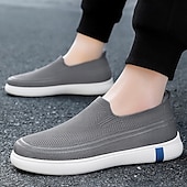 billiga Slip-ons och loafers till herrar-Beige stickade slip-on herrsneakers – andningsbara lätta vardagsskor för sommar, promenader och semester