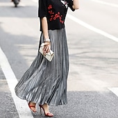 abordables Jupes Maxi-Femmes Jupe Mode Occasionnel Maxi Taille haute Jupes Uni Plissé Micro-Élastique Décontracté Quotidien Week-end Argent Noir Dorée Rouge Été Polyester