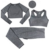 baratos Conjuntos e Macacões-Mulheres Macacão de ioga com franzido Moletom de ioga Trajes de lazer Outono Côr Sólida Conjuntos Cinzento Escuro Preto Treino de Ginástica Cintura Alta Esticar Respirável Manga Longa Esporte Roupas