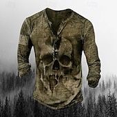 cheap Ghost&amp;Skull-Men&#039;s T shirt Tee Henley Shirt Graphic Skull Henley Army Green Brown Khaki Gray Plus Size Street Casual Long Sleeve Button-Down Print Clothing Apparel Stylish Retro Vintage Basic