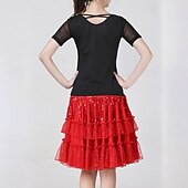お買い得  ラテンダンスウェア-ラテンダンス スカート ピュアカラー スプライシング スパンコール 女性用 性能 訓練 半袖 ハイウエスト ポリエステル