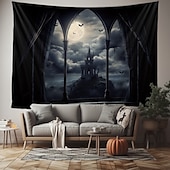 preiswerte Halloween-Wandteppiche-Halloween hängender Wandteppich Schlossfensteransicht Fotografien Hintergrund Jack O Lantern Wandkunst großes Wandteppich Wandbild Dekovorhang Zuhause Schlafzimmer Wohnzimmer Dekoration Tod Selfie