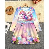 preiswerte 3D-Cartoon-Kommode-Mädchen&#039; 3D Einhorn Kleid Langarm Sommer Frühling Urlaub Täglich Ferien Prinzessin Schön Süß Kinder 4-12 Jahre Freizeitkleid A Linie Kleid Knielang Normale Passform