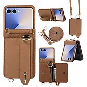 economico Cover Samsung-telefono Custodia Per Samsung Galaxy Z Flip 7 Z Flip 6 Z Flip 5 Z Flip 4 Copertura Posteriore con Cordino Cavalletto Slot per Carte Retrò TPU Pelle PU