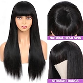 economico Parrucche di capelli veri senza cuffia-Parrucche di capelli umani lisci con frangia, vergini brasiliane, senza pizzo frontale, parrucche fatte a macchina senza colla per donne nere, colore naturale