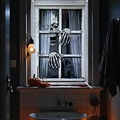cheap Door Covers-Halloween Window Curtain Skeleton Peeking Through Blinds, Scary Door Cover, Window cover,  Wall Tapestry for 2025 Halloween Spooky Home Decoration