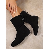 economico Stivali ampi-stivali da donna in finta pelle scamosciata nera, morbidi fino a metà polpaccio – stivaletti invernali con tacco piatto, calzature comode e casual per il freddo