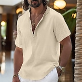 abordables Vacaciones-Hombre Camisa Camisa de lino Camisa con cuello mao Camisa de manga corta Camisa de verano Ropa de playa Plano Vacaciones Casual Negro Blanco Amarillo Rosa Manga Corta Henley Verano Ropa