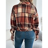 levne Košilové bundy-Dámské Košile Bunda Neformální bunda Pohodlné Prodyšné Knoflíky Tisk Na běžné nošení Pléd Dovolená ulice Ležérní Denní nošení Jednořadé Krátké Stojáček Běžný Dlouhý rukáv Svrchní oděvy Světlá růžov