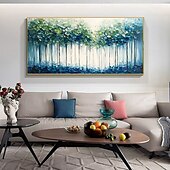 abordables peintures à l&#039;huile d&#039;arbre-Peinture à l&#039;huile faite à la main, forêt abstraite moderne, coups de pinceau texturés audacieux, canopée vert émeraude, teintes bleu sarcelle, troncs minimalistes, profondeurs saphir, galerie d&#039;art