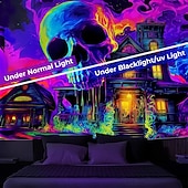 cheap Halloween Wall Tapestries-Halloween Blacklight Tapestry Skeleton Haunted House UV Reactive Glow in the Dark Forest Trippy Mountain Misty Graveyard Ghost Hanging Tapestry Wall Art Mural for Living Room Bedroom