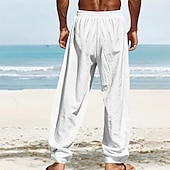 cheap Holiday-Men&#039;s Linen Pants Trousers Summer Pants Beach Pants Pocket Elastic Waist Drawstring Plain Comfort Breathable Vacation Daily Holiday Hawaiian Boho White Dark Red