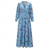 billiga Bohemklänningar-Dam Långklänning Maxiklänning Blommig klänning Boho-klänning Västerländsk klänning Elegant Mode Modern Utomhus Semester Dagligen Normal Blomma Långärmad V-hals Blå Sommar