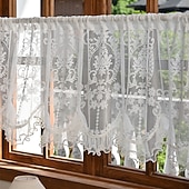 cheap Curtains &amp; Drapes-Lace Ruffled Kitchen Short Curtain Valance Vintage Floral Embroidered Short Sheer Cafe Curtain for Kitchen Window Rod Pocket Scalloped Bottom Beaded Sheer Valance1 Panel