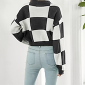 baratos Padrões gráficos e detalhes-Mulheres Pulôver Casual Bloco de cor Robusto Gola Redonda Tricotado Manga Longa Tops curtos Tricotar Diário Feriado Para Noite Preto Roxo Outono Inverno