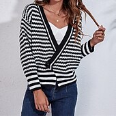 billige Cardigans og yttertøy-Dame Kofte Fritid Stripet Tykk V-hals Strikket Langermet Vanlige topper Strikke Daglig Ferie Ut på byen Svart Høst Vinter