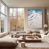 abordables Peintures paysages-Peinture à l&#039;huile texturée 3D faite à la main représentant un ski de montagne avec cadre de galerie - coups de pinceau impasto audacieux dans des teintes hivernales vibrantes skieurs dynamiques sur