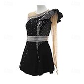 preiswerte Eiskunstlaufkleider-Eiskunstlaufkleid Damen Mädchen Eislaufen Kleid Schwarz Patchwork Daumenloch Netzstoff Spandex Dehnbar Training Übung Professionell Eiskunstlaufkleidung Thermowarm Kristall / Strass Langarm Eislaufen