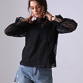 preiswerte Spitzenoberteile-Damen Spitzenbluse Einfarbig Elegant Bohemien Vintage Langarm Hoher Ausschnitt Normale Oberteile Party-Abendmode Ausgehen Strandbekleidung Bestickt Schwarz Weiß Aprikose Frühling, Herbst, Winter