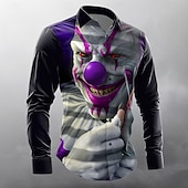 voordelige Halloween T-shirts-Voor heren Griezelige clown Clown Lach gezicht Overhemd Overhemd met knopen Lange mouw Donkere punkgotiek Feestdagen Streetwear Zomer Lente Strijkijzer 3D-afdrukken shirts met kraag Paars