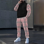 billiga Herrars 3D-tröjset-Herr Färgblock 2st 3D-tröja set Träningsoverall Hoodie-tröja Långärmad Långa byxor Huva Ledigt vardag Fritids- 3D-utskrift Vår Höst Vinter Svart Rosa Blå