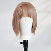 baratos Perucas de festa-Peruca loira reta de 10 polegadas para mulheres – franja completa, cabelo curto, perfeita para looks de Halloween, cosplay e moda