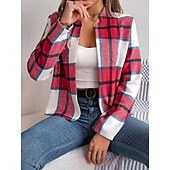 Χαμηλού Κόστους 3D Παλτά-Γυναικεία Casual Jacket Άνετο Αναπνέει Στάμπα Καθημερινό Καρό Διακοπές Δρόμος Καθημερινά Ρούχα Εξόδου Ανοικτό Μπροστά Κοντό Όρθιος Γιακάς Κανονικό Μακρυμάνικο Εξωτερικά ενδύματα