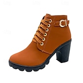 abordables Bottines-Bottines noires à lacets pour femmes avec talon épais et boucle latérale, bottines courtes décontractées et tendance pour l&#039;automne et l&#039;hiver