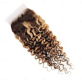 abordables 3 paquets extensions à fixation-Lot de 3 extensions de cheveux humains ondulés profonds P4/27 avec fermeture 4*4 pour femmes noires
