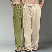 baratos Clássico-Homens Calças de linho Calças Calça verão Calças largas Calças de praia Bolsos Com Cordão Perna reta Tecido Conforto Respirável Comprimento total Diário Streetwear Moda Casual / esportivo Preto