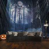 preiswerte Halloween-Wandteppiche-Halloween hängender Wandteppich Schlossfensteransicht Fotografien Hintergrund Jack O Lantern Wandkunst großes Wandteppich Wandbild Dekovorhang Zuhause Schlafzimmer Wohnzimmer Dekoration Tod Selfie