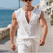 abordables Débardeurs-Homme Débardeur en lin T-shirt sans manches Sans manches Col en V Été Uni Mode Designer Basique Avec Poches Flexible Vacances Occasionnel Décontracté Quotidien Blanche T-shirt haut de gamme pour homme