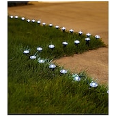 olcso Földi fények-napelemes vezetőoszlopos talajlámpák 15/30 db-os lapos napelemes lámpák kültéri, vízálló napelemes korongos tájvilágítás kerti ösvényre, falra, lépcsőkre, teraszokra, udvarra, gyepre, járdára (meleg