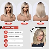 abordables Pelucas sintéticas de moda-Peluca rubia corta con flequillo, estilo bob ombré, de 14 pulgadas, recta, con flequillo, para mujer, de aspecto natural, sintética, resistente al calor, para uso diario.