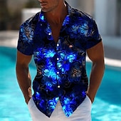preiswerte Blumenmuster-Herren Blumendruck Neonleuchten Blumen Sommer Hawaiihemd Knopfhemd Alohahemd Kurzarm Hawaiianisch Urlaub Strandbekleidung Sommer Frühling Umlegekragen 3D-Druck Hemden mit Kragen Schwarz 1 Schwarz