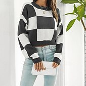 baratos Padrões gráficos e detalhes-Mulheres Pulôver Casual Bloco de cor Robusto Gola Redonda Tricotado Manga Longa Tops curtos Tricotar Diário Feriado Para Noite Preto Roxo Outono Inverno