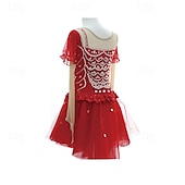 preiswerte Eiskunstlaufkleider-Eiskunstlaufkleid Damen Mädchen Eislaufen Kleid Rot Patchwork Daumenloch Netzstoff Spandex Dehnbar Training Übung Professionell Eiskunstlaufkleidung Thermowarm Kristall / Strass Langarm Eislaufen