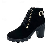 abordables Bottines-Bottines noires à lacets pour femmes avec talon épais et boucle latérale, bottines courtes décontractées et tendance pour l&#039;automne et l&#039;hiver
