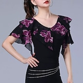 cheap Tops &amp; Sets-Latin Dance Top Printing Splicing Women&#039;s Performance Training Short Sleeve High Polyester