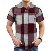 economico camicie casual da uomo-Per uomo Camicia Camicia Estiva Camicia casual Camicia da Spiaggia Camicia con Bottoni Rosso Blu Marrone Verde Manica Corta Plaid Con Cappuccio Vacanza Camicia hawaiana Tasca Abbigliamento Poliestere