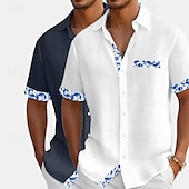 abordables Clásico-Hombre Camisa Camisa de lino Camisa de verano Camisa de playa Abotonar la camisa Flores Vacaciones Festivos Blanco + Rosa Blanco+Azul Marino Rosa + Azul Marino Azul+Azul Marino Manga Corta Cuello