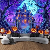cheap Halloween Wall Tapestries-Halloween Blacklight Tapestry Skeleton Haunted House UV Reactive Glow in the Dark Forest Trippy Mountain Misty Graveyard Ghost Hanging Tapestry Wall Art Mural for Living Room Bedroom