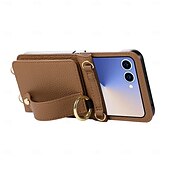 economico Cover Samsung-telefono Custodia Per Samsung Galaxy Z Flip 7 Z Flip 6 Z Flip 5 Z Flip 4 Copertura Posteriore con Cordino Cavalletto Slot per Carte Retrò TPU Pelle PU
