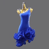 abordables Tenues de danse latine-Danse salsa latine Robe Strass Couleur unie Épissage Femmes Performance Entraînement Sans manches Chinlon