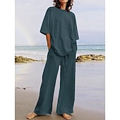 abordables Conjuntos-Conjuntos de pantalones de lino para mujer, 15% lino, básicos, color liso, bolsillo, cintura elástica, camiseta, pantalón, uso diario, calle, manga larga, cuello redondo, azul, negro, blanco, azul marino, marrón claro, verano, primavera