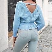 Női Pulóver Alkalmi Tömör szín Vaskos V-alakú Kötött Hosszú ujj Crop Tops Kötött Napi Szabadság Alkalmi Sárga Rubin Ősz Tél olcso Szilárd színek-Női Pulóver Alkalmi Tömör szín Vaskos V-alakú Kötött Hosszú ujj Crop Tops Kötött Napi Szabadság Alkalmi Sárga Rubin Ősz Tél