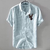 economico Casual da lavoro-Per uomo Camicia di lino Camicia casual Camicia in cotone e lino Camicia con Bottoni Con Motivo Animale Vacanza Abbigliamento quotidiano Bianco Blu marino scuro Azzurro cielo Cachi Manica Corta Bavero