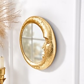 abordables esculturas de pared-Espejo de pared con cara de luna de resina dorada, espejo colgante artístico redondo para decoración de pared de fondo del hogar, espejo de maquillaje creativo para tocador, decoración de pared y