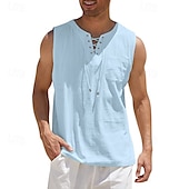 economico Vacanza-Per uomo Camicia Camicia di lino Camicia popover Camicia Estiva Abbigliamento da spiaggia Maglietta senza maniche Tinta unica Vacanza Streetwear Nero Bianco Blu marino Azzurro cielo Senza Maniche