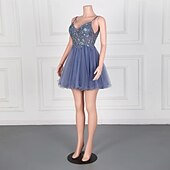 levne Šaty na výroční setkání-Mořská panna  Trubkový návratové šaty Elegantní šaty Návratový koktejl Párty Krátké  Mini Bez rukávů V výstřih Tyl s perlovým zdobením